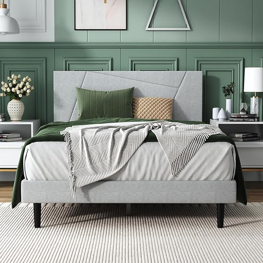 Full Size Bed Frame, Full Platform Bed Frame with Fabric Upholstered Headboard, Geometric Pattern, Sturdy Frame and Slats, No Noise Free, No Springs Required, Easy to Assemble，Light Gray
