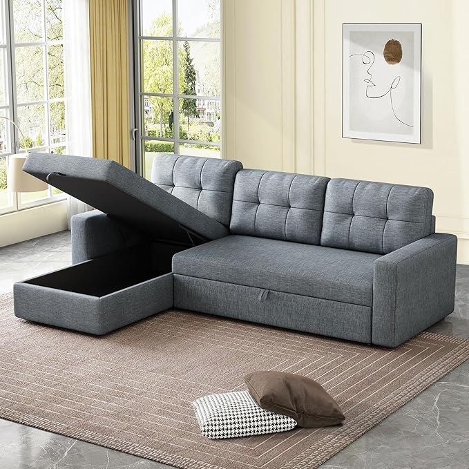 Upholstered Sleeper Sofa, L Shaped Sectional Couch with Reversible Storage, Convertible Corner Lounge Couches w/Pull Out Sofabed for Living Room, Apartment,Light Grey
