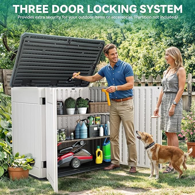 YITAHOME Large Outdoor Horizontal Storage Shed, 47 cu ft Resin Tool Shed w/o Shelf, Outdoor Waterproof Storage with Floor for Trash Cans, Garden Tools, Lawn Mower, Lockable, 4.5x2.8x3.9 ft, Light Gray