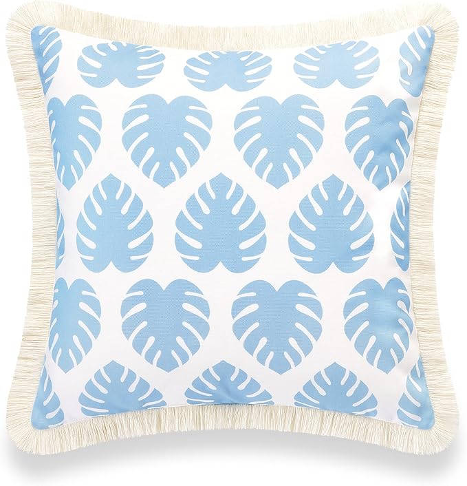 Hofdeco Premium Coastal Hampton Style Patio Indoor Outdoor Pillow Cover Only, 20"x20" Water Resistant for Backyard, Couch, Baby Blue Monstera Leaf Fringe