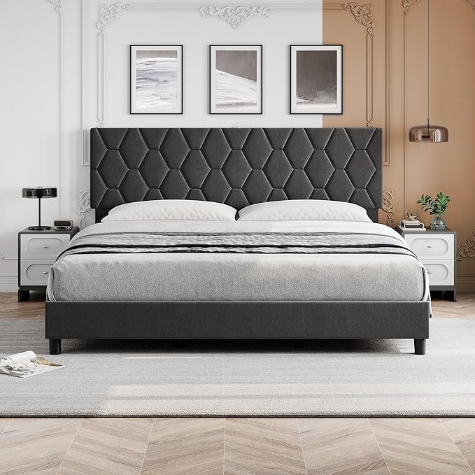 GAOMON Grey King Upholstered Bed Frame with Headboard, Heavy-Duty Platform Bed Frame with Strong Wood Slats, No Box Spring Needed/Easy Assembly/Noise Free