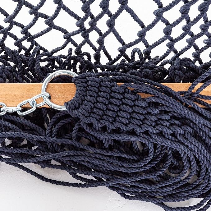 Castaway Living 13 ft. Double Traditional Hand Woven Navy Polyester Rope Hammock with Free Extension Chains, and Tree Hook, for 2 People with a Weight Capacity of 450 lbs.