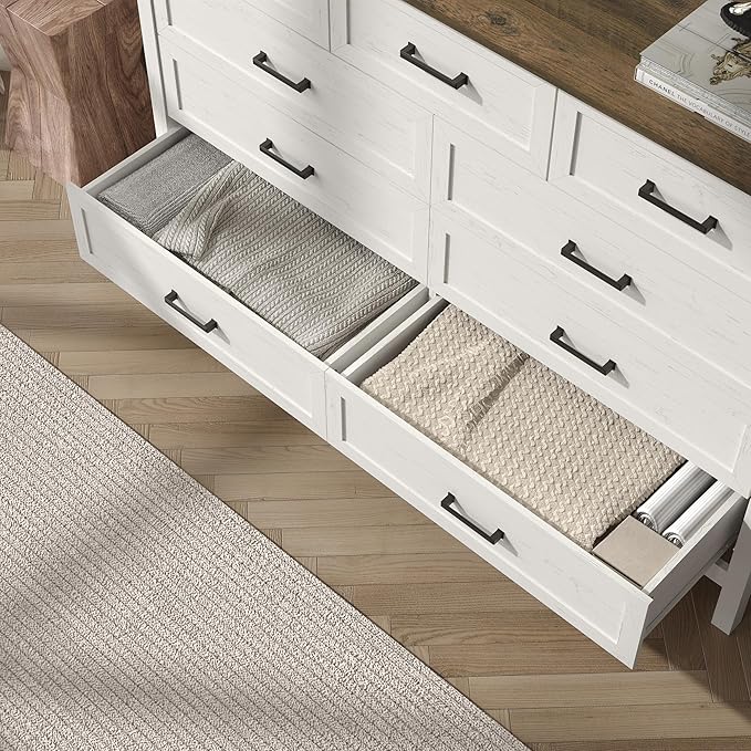 Farmhouse 9 Drawers Dresser for Bedroom, 37 Inch Tall Wood Rustic Wide Chest with Natural Texture, Large Dressers for Bedroom, Hallway, Entryway, Antique White