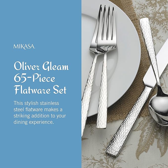 Mikasa, Oliver Gleam Flatware Service for 12, 65 Piece Set, 18/10 Stainless Steel, Silverware Set with Serving Utensils