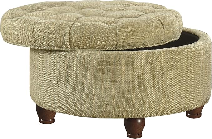 HomePop Home Decor |N8264-F1077 | Button Tufted Woven Round Storage Ottoman | Ottoman with Storage for Living Room & Bedroom, Tan & Cream Tweed