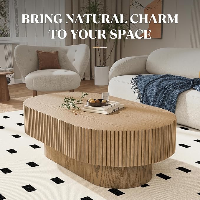 43.7” Oval Coffee Table, Modern Wood Fluted Coffee Table for Living Room, Veneer Handcrafted Relief Center Table with Sturdy Pedestal，Easy Assembly - Natural