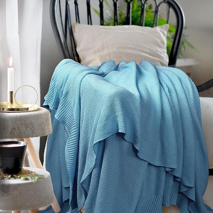 PiccoCasa 100% Cotton Knit Throw Blanket,Solid Lightweight Decorative Throws and Blankets,Soft Knitted Throw Blanket for Sofa Couch, Horizon Blue 50" x 60"