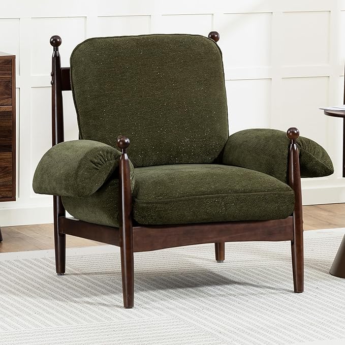 Mid Century Modern Accent Chair with Arms, Upholstered Spindle Chair with Wood Frame, High-Resilience Sponge Cushion for Living Room Bedroom Office