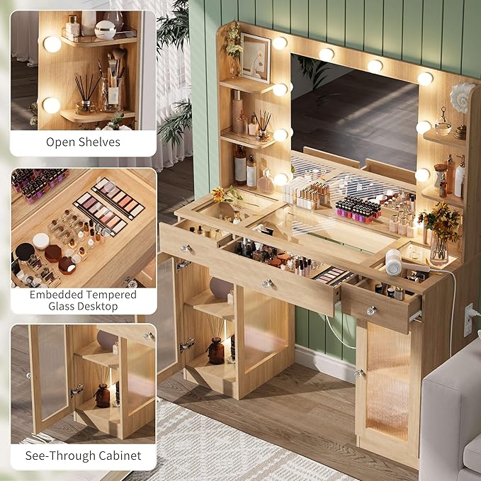 Makeup Vanity with Glass Top, Oak Vanity Desk with Mirror and Lights, Big Vanity with Drawers & Cabinets for Bedroom, Cute Vanity with Crystal Knobs & Power Outlet for Women, Girls
