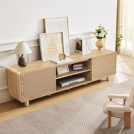 70" TV Stand with Slding Door for 55/60/65/80 Inch Television, Farmhouse Linen Decor TV Console with Storage, 2 Cable Holes & 6 Legs, Mid Century Wooden Entertainment Center for Living Room (Natural)