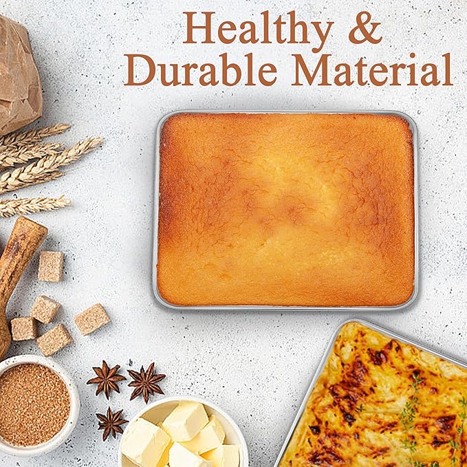 LIANYU 12⅓ x 9¾ x 2 Inch Cake Baking Pan Set of 4, Toaster Oven Pan for Brownies Lasagna Casseroles Cookie Meat, Stainless Steel Rectangle Bakeware Set, Heavy Duty & Mirror Polished, Dishwasher Safe