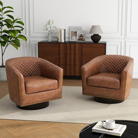 Swivel Barrel Accent Chair, Comfy Modern Upholstered Round Faux Leather Arm Chair for Living Room, Bedroom（Brown, Set of 2