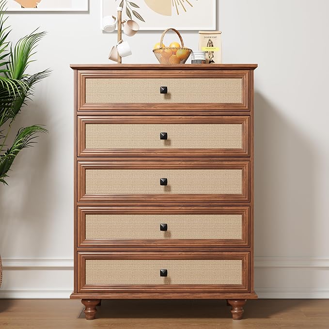 ORRD 5 Drawer Dresser for Bedroom, Mid Century Modern Wide Wood Rustic Chest of Drawers Wooden Storage Organizer Dressers with Burlap Rattan Drawers for Living Room, Hallway Closet, Entryway, Walnut