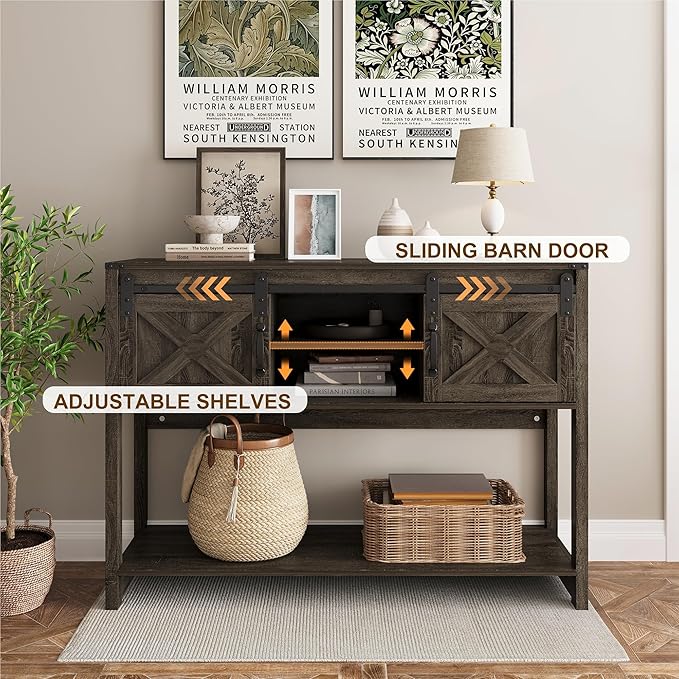 Console Table with Storage Shelf & Sliding Barn Door, Farmhouse Entryway Table with Storage, 46" Narrow Long Sofa, Behind Couch, Console Tables for Living Room (Dark Grey)