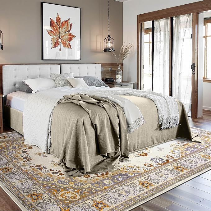 Living Room Rug 6x9 Rug, Machine Washable Area Rug Non Slip Low Pile Rug for Living Room, Bedroom, Farmhouse, Dining Room, Beige