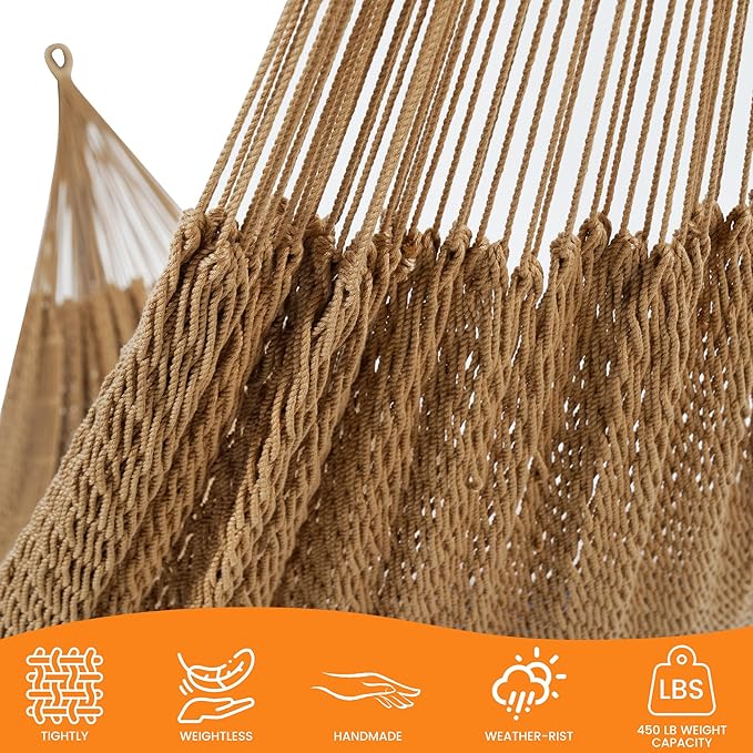 Lazy Daze Hammocks Handwoven Mayan Hammock, 10.5 FT Soft Rope Double Hammocks, Portable Outdoor Hammock with Carry Bag, 2 Straps & carabiners for Patio Outside, 550 lbs Weight Capacity, Tan
