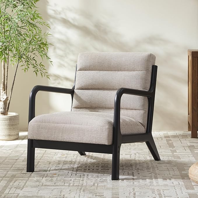 VKNOW Accent Chair with Rubberwood Frame, Mid-Century Modern Upholstered Reading Armchair, High Back Lounge Armchair Living Room Chair for Bedroom Reading Room, Light Brown