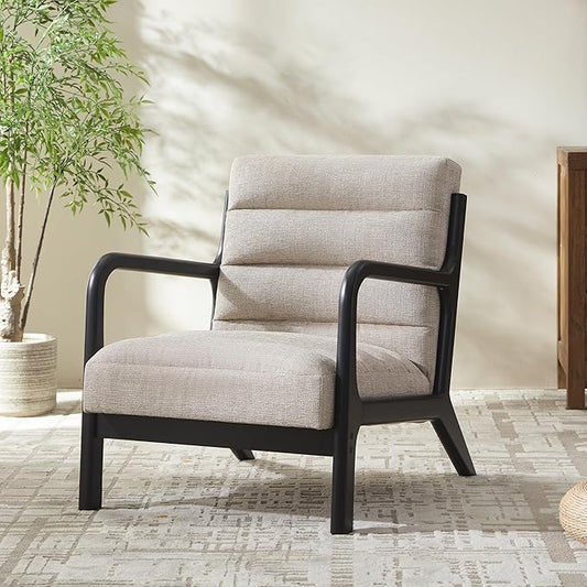 VKNOW Accent Chair with Rubberwood Frame, Mid-Century Modern Upholstered Reading Armchair, High Back Lounge Armchair Living Room Chair for Bedroom Reading Room, Light Brown