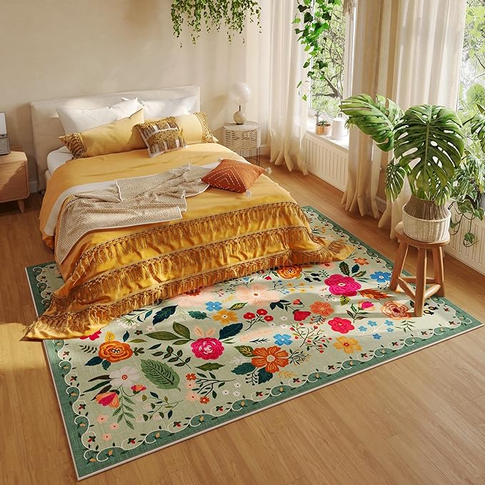 Living Room Rug 5x7 Rug Machine Washable Boho Area Rug Non Slip Floral Vintage Low Pile Large Rugs for Living Room, Bedroom, Farmhouse, Dining Room, Kids Playroom(Green)