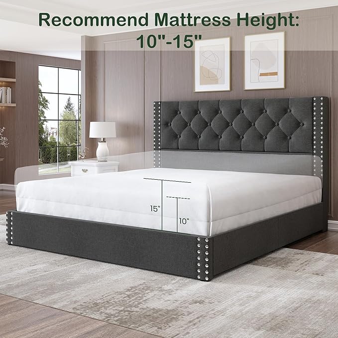 Full Size Bed Frame Upholstered Platform Bed with 4 Storage Drawers and Tufted Headboard Linen Bed Frame with Heavy Duty Wood Slats, No Box Spring Needed, Easy Assembly, Dark Grey