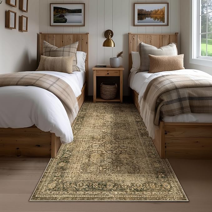 Fmfunctex 3x7 Runner Rug Brown Washable Vintage Neutral Distressed Non Slip Low Pile Indoor Carpet Soft Retro Floral Hallway Entryway Rug for Kitchen Living Room Bedroom Bathroom Laundry Entry Bedside