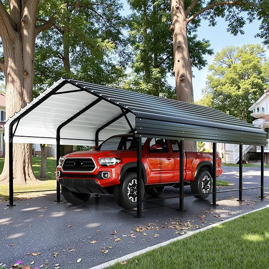JY QAQA 12 x 20 ft Metal Carport, Heavy Duty Carport Canopy with Galvanized Steel Roof, Outdoor Car Tent Metal Garage Shelter for Car, SUV, Trucks and Boats