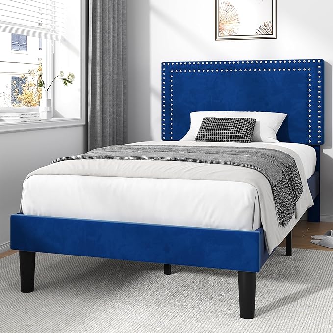 VECELO Twin Size Platform Bed Frame with Adjustable Upholstered Headboard, Strong Wood Slat Support, No Box Spring Needed, Easy Assembly