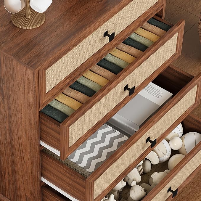 ORRD 4 Drawer Dresser for Bedroom, Mid Century Modern Wide Wood Rustic Chest of Drawers Wooden Storage Organizer Dressers with Burlap Rattan Drawers for Living Room, Hallway Closet, Entryway, Walnut