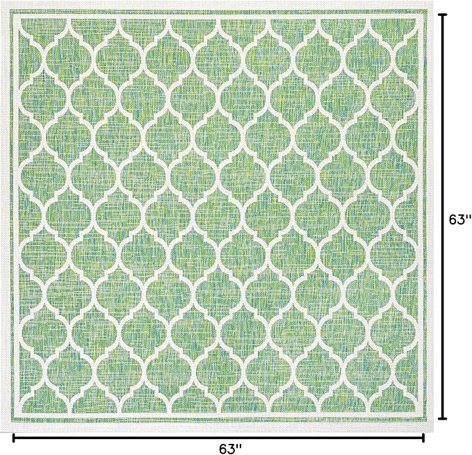 Eyely BMS109I-5SQ Santa Monica Trebol Moroccan Trellis Textured Weave Indoor/Outdoor Area Rug Coastal;Bohemian, Bedroom, Backyard, Patio, Easy-Cleaning, Non-Shedding, 5' Square, Cream/Green