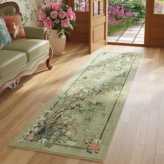 Runner Rug 2x6 Chinoiserie-Style Floral Vintage Kitchen Rugs Non Slip Washable with Rubber Backing Soft Carpet for Laundry, Bedroom, Bathroom, Green
