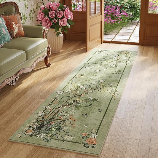 Runner Rug Chinoiserie-Style Floral Vintage Kitchen Rugs Non Slip Washable with Rubber Backing Soft Carpet for Laundry, Bedroom, Bathroom, Green