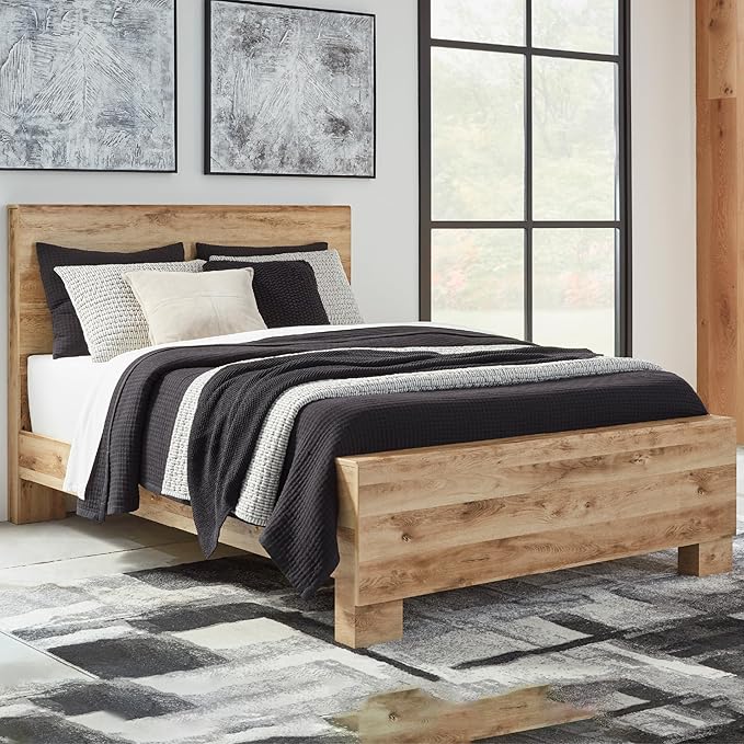 Signature Design by Ashley Hyanna Rustic Queen Panel Bed with Metal Slats, Foundation or Box Spring Needed, Light Brown