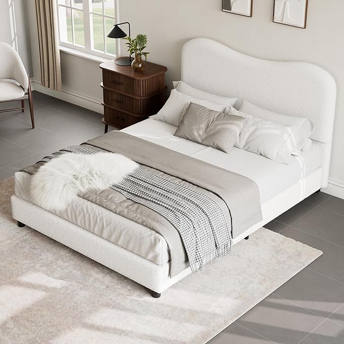 GarveeHome Upholstered Queen Bed Frame with Headboard, Upholstered Velvet Low Profile Platform Bed, No Box Spring Needed, Strong Wooden Slats, Noise Free, Easy Assembly, White