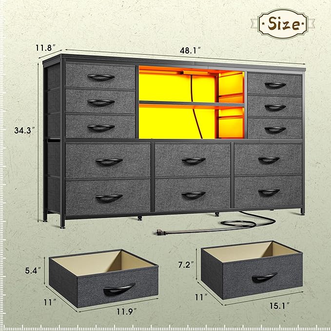 TV Stand with 12 Fabric Drawers for 55 inch TV, Entertainment Center with Charging Station & LED Lights, TV Media Console Table with 2 Open Storage Shelves for Living Room, Dorms, Wood Top, Grey