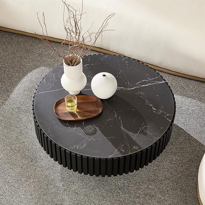 Round Coffee Table for Living Room, Accent Fluted Drum Stone Coffee Table with Storage, Modern Solid Wood Circle Center Tea Table for Small Space Apartment (35.4''D×14''H-Black)
