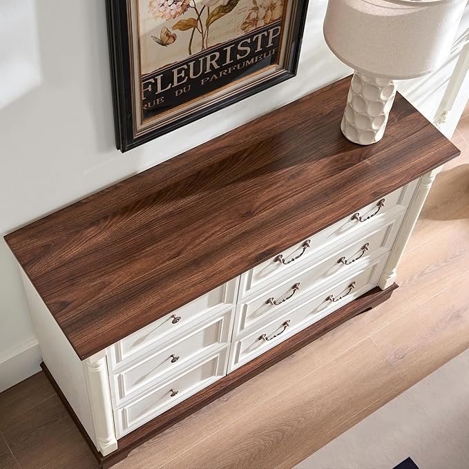 Farmhouse 6 Drawer Dresser with Roman Column Design, 47" Wide Wood Chest of Drawers for Bedroom, Living Room, Antique White