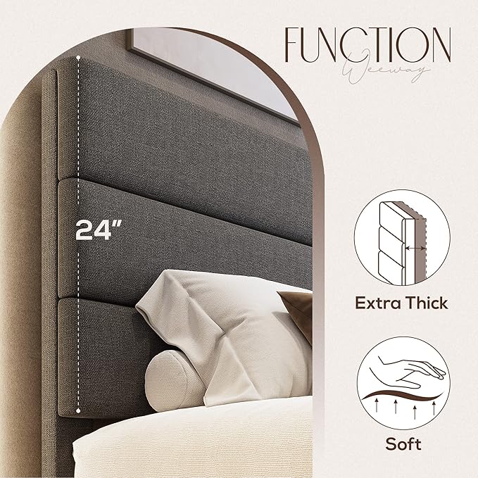 WEEWAY Queen Bed Frame Platform Bed with Linen Fabric Upholstered Headboard and Wooden Slats Support, Heavy Duty Mattress Foundation, No Box Spring Needed, Easy Assembly, Dark Grey