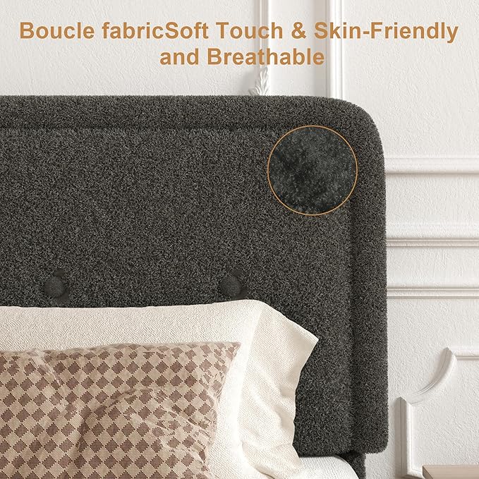 Queen Size Boucle Platform Bed Frame, Anti-Collision Soft Rounded Corners, Adjustable Headboard, No Box Spring Needed, Easy Assembly, Noise Free, Dark Grey