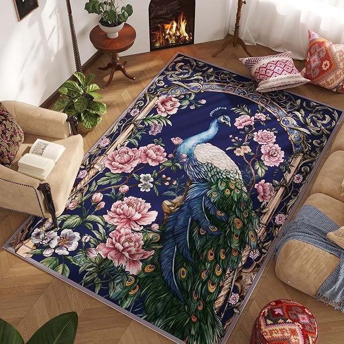 Living Room Rug 5x7 Rug Machine Washable Floral Peacock Area Rug Non Slip Floral Animal Vintage Low Pile Large Rug for Living Room, Bedroom, Farmhouse, Dining Room, Kids Playroom (Cobalt blue)