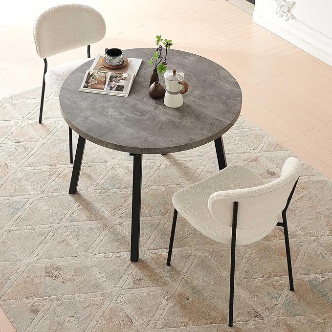 Modern Dining Table Set for 2, 37" Round MDF Living Coffee Table Industrial with 4 Seated Boucle Dining Chairs Upholstered, Metal Legs for Dining Hall, Living Room