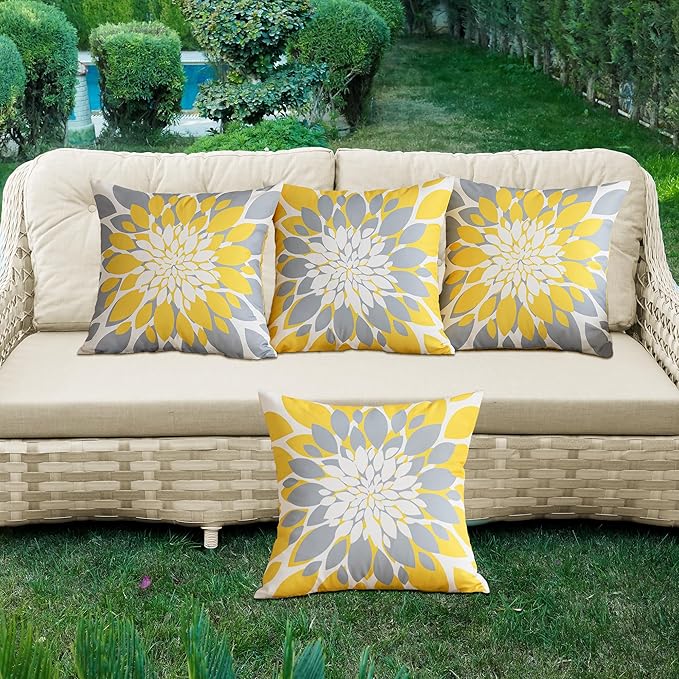 Qahing Pack of 4 Fall Outdoor Waterproof Pillow Covers 16x16 Decorative Outdoor Throw Pillows Garden Square Cushion Cases for Patio Furniture, Couch, Tent Sunbrella, Bench, Mustard Yellow Grey