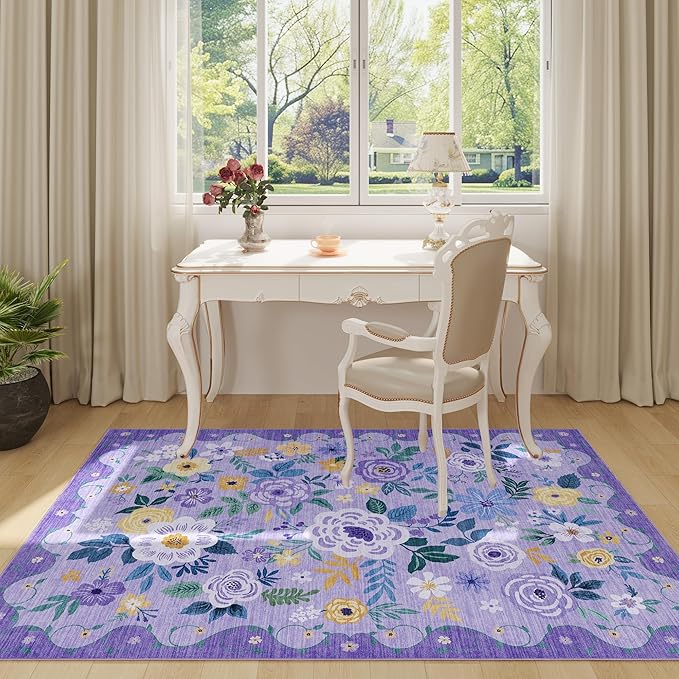 DUKINO 3x5 Area Rug, Floral Rugs for Living Room, Lightweight Non Slip Washable Rug, Indoor Low Pile & Non-Shedding Boho Design Rugs for Bedroom, Living Room, Dining Room, Purple