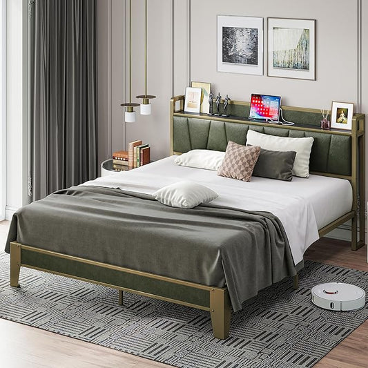 LIKIMIO Full Bed Frame, Storage Headboard with Charging Station, Solid and Stable, Noise Free, No Box Spring Needed, Easy Assembly (Dark Green)