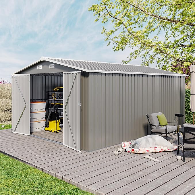 10 x 14 FT Outdoor Storage Shed, Metal Garden Tool Shed with Slooping Roof, Lockable Doors, All-Weather Bike Shed Easy to Assemble for Backyard, Patio, Lawn, Grey