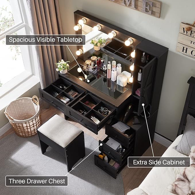 JXQTLINGMU Farmhouse Vanity Makeup Desk with Charging Station, 43" W Vanity Desk with Lights Mirror and Drawers for Makeup, Big Modern Makeup Table Set with Stool for Bedroom, Black