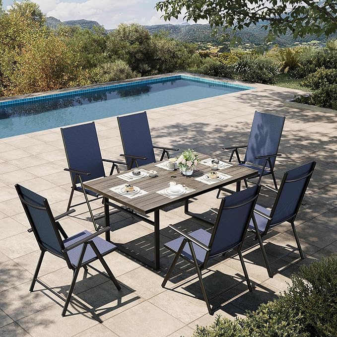 HERA'S HOUSE 7-Piece Outdoor Dining Set for 6, 64" Weather-Resistant Metal Patio Table with 6 Foldable Blue Chairs, Perfect for Garden, Backyard, Porch & Lawn (Space-Saving Design)