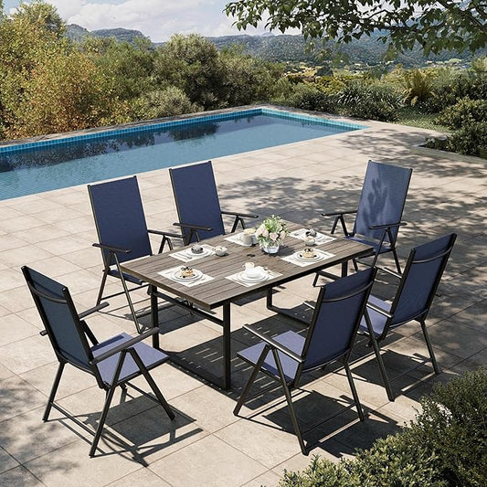 HERA'S HOUSE 7-Piece Outdoor Dining Set for 6, 64" Weather-Resistant Metal Patio Table with 6 Foldable Blue Chairs, Perfect for Garden, Backyard, Porch & Lawn (Space-Saving Design)