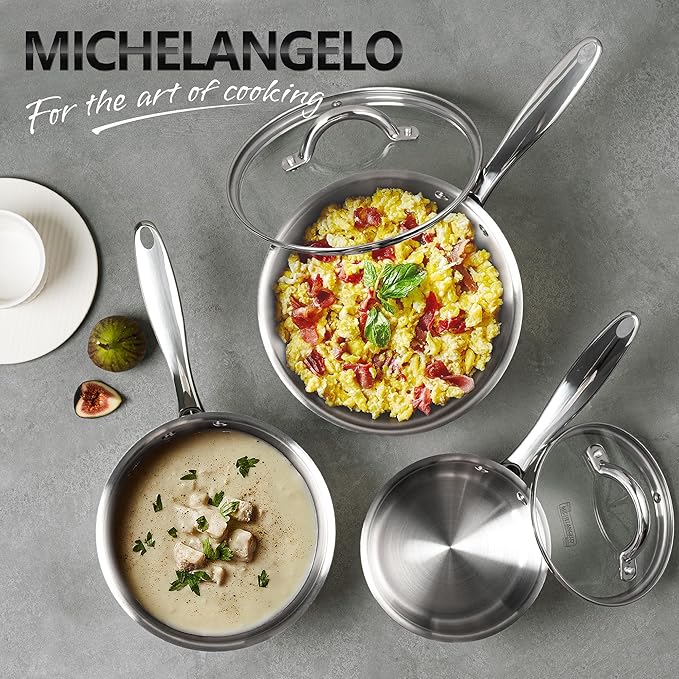 MICHELANGELO Saucepan Set 4pc, 18/10 Stainless Steel Sauce Pan with Lid, Tri-Ply Bottom Sauce Pot Set, Nonstick Saucepan, Dishwasher Safe, 1QT & 2QT