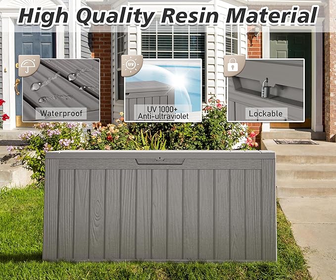 75 Gallon Outdoor Storage Box, Waterproof Resin Deck Box with Lockable Lid, Patio Furniture Side Table & Storage Bin for Package Delivery, Patio Cushions, Garden Tools, Pool Accessories, Grey