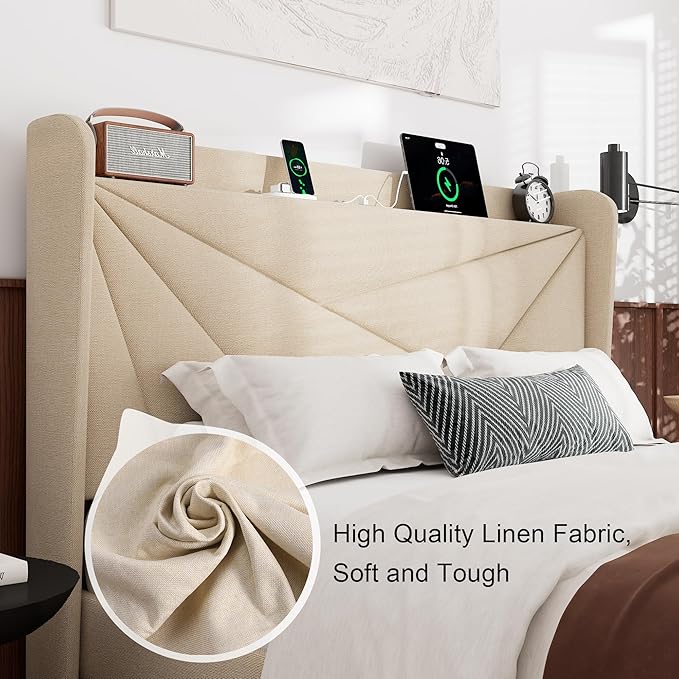 Feonase Queen Size Bed Frame with Charging Station, Linen Upholstered Platform Bed Frame with Wingback Storage Headboard, Solid Wood Slats Support, No Box Spring Needed, Noise Free, Beige